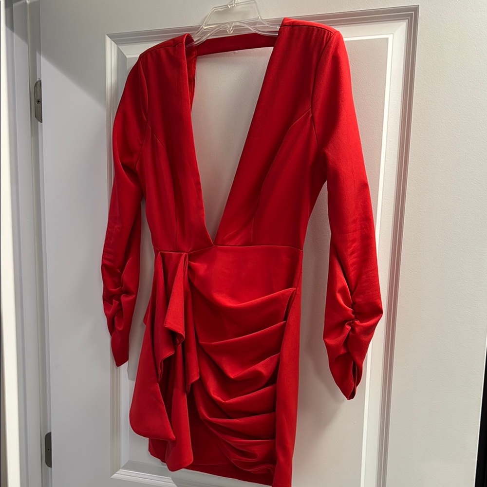 Luxxel Red Ruched Plunge Bodycon Dress